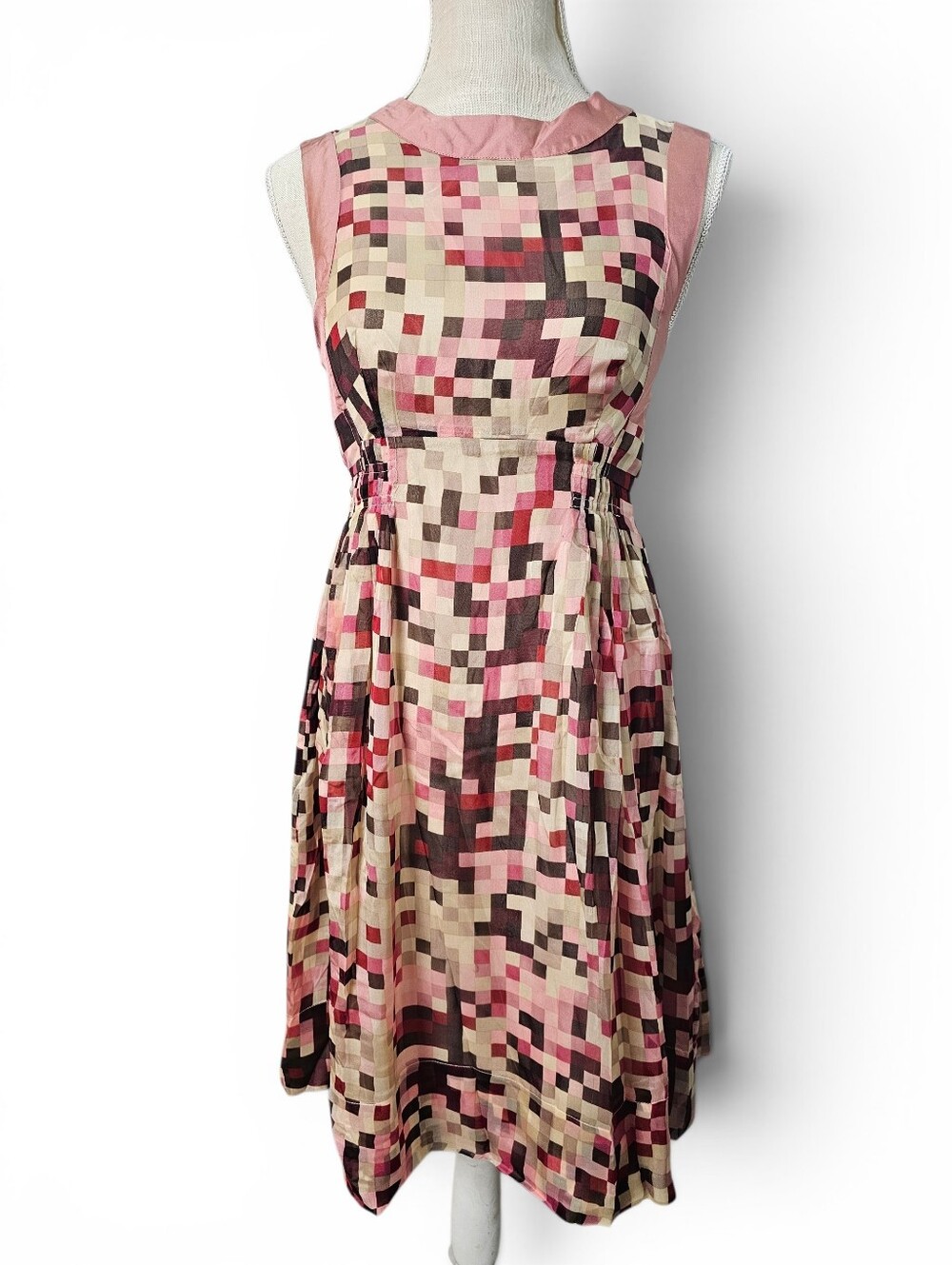 Sandra Angelozzi 100% Silk Dress Sleeveless Pink Brown Gold Pixel Pattern Sz 32